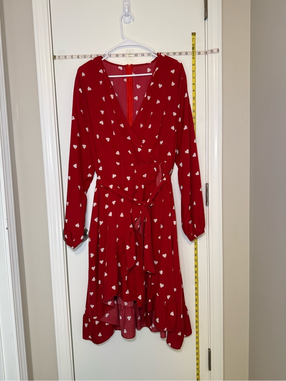 Plus Size Red Heart Print Faux Wrap Dress with Tie Waist